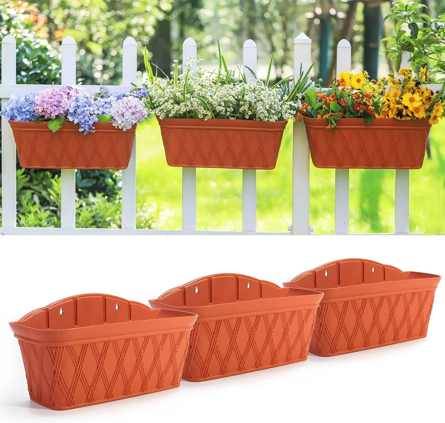 3 Pack Wall Hanging Planters, 16.5 Inch Railing Fence Hanging Flower Pots, Thickened Plastic with Water Storage for Indoor
3 Pack Wall Hanging Planters, 16.5 Inch Railing Fence Hanging Flower Pots, Thickened Plastic with Water Storage for Indoor