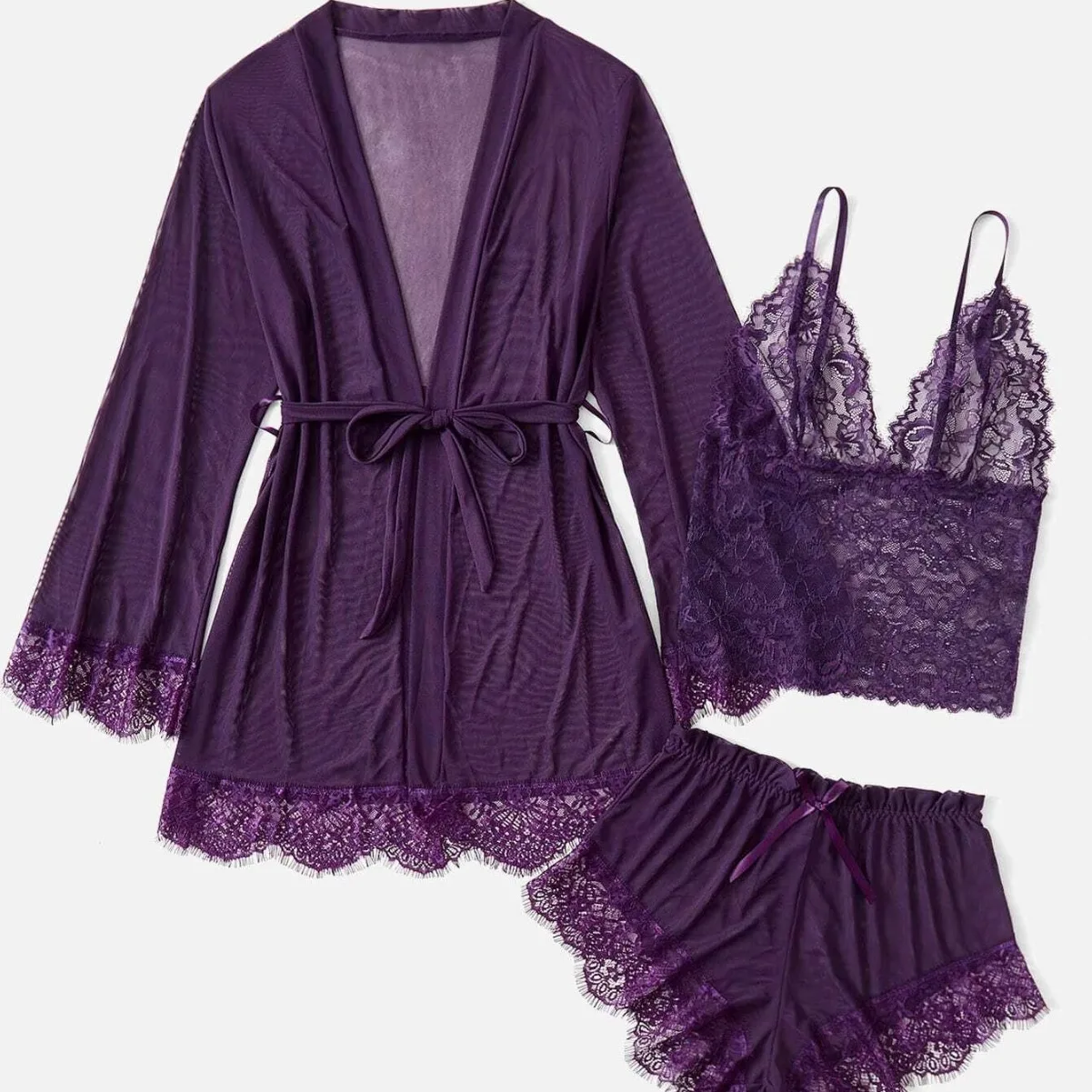 Sexy Mesh 3Pcs Pajama Set Long-Sleeve V-Neck Front Belt Robe See-Through Lingerie Cami Top Shorts Breathable Women's Sleepwear
Sexy Mesh 3Pcs Pajama Set Long-Sleeve V-Neck Front Belt Robe See-Through Lingerie Cami Top Shorts Breathable Women's Sleepwear