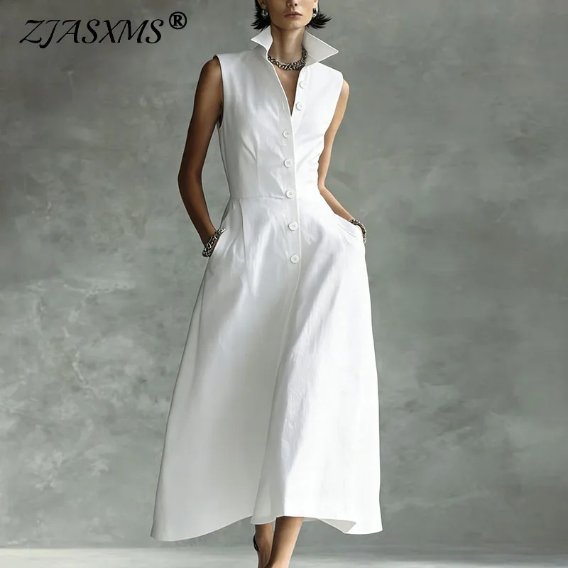 Spring Summer Solid Sleeveless A-line Dress Women Turn-down Collar Button Long Dress New Fashion Pockets High Waist Casual Dress
Spring Summer Solid Sleeveless A-line Dress Women Turn-down Collar Button Long Dress New Fashion Pockets High Waist Casual Dress