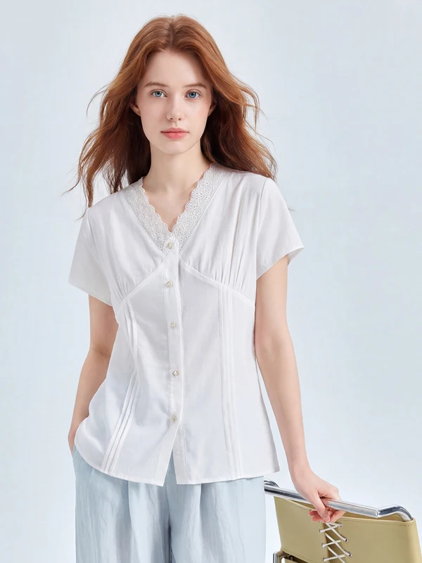 Fashionable V-Neck Short Sleeve Shirt Women's Premium Hong Kong Style Commute Shirt Elegant Ladylike Waist-Cinched Lace Trim
Fashionable V-Neck Short Sleeve Shirt Women's Premium Hong Kong Style Commute Shirt Elegant Ladylike Waist-Cinched Lace Trim