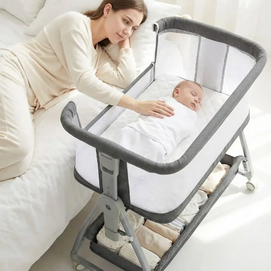 in 1 Baby Bassinet Bedside Sleeper with Mattress and Wheels, 5 Height Adjustable Bed Side Bassinets for Newborn, Gray Rocking Ba
in 1 Baby Bassinet Bedside Sleeper with Mattress and Wheels, 5 Height Adjustable Bed Side Bassinets for Newborn, Gray Rocking Ba
