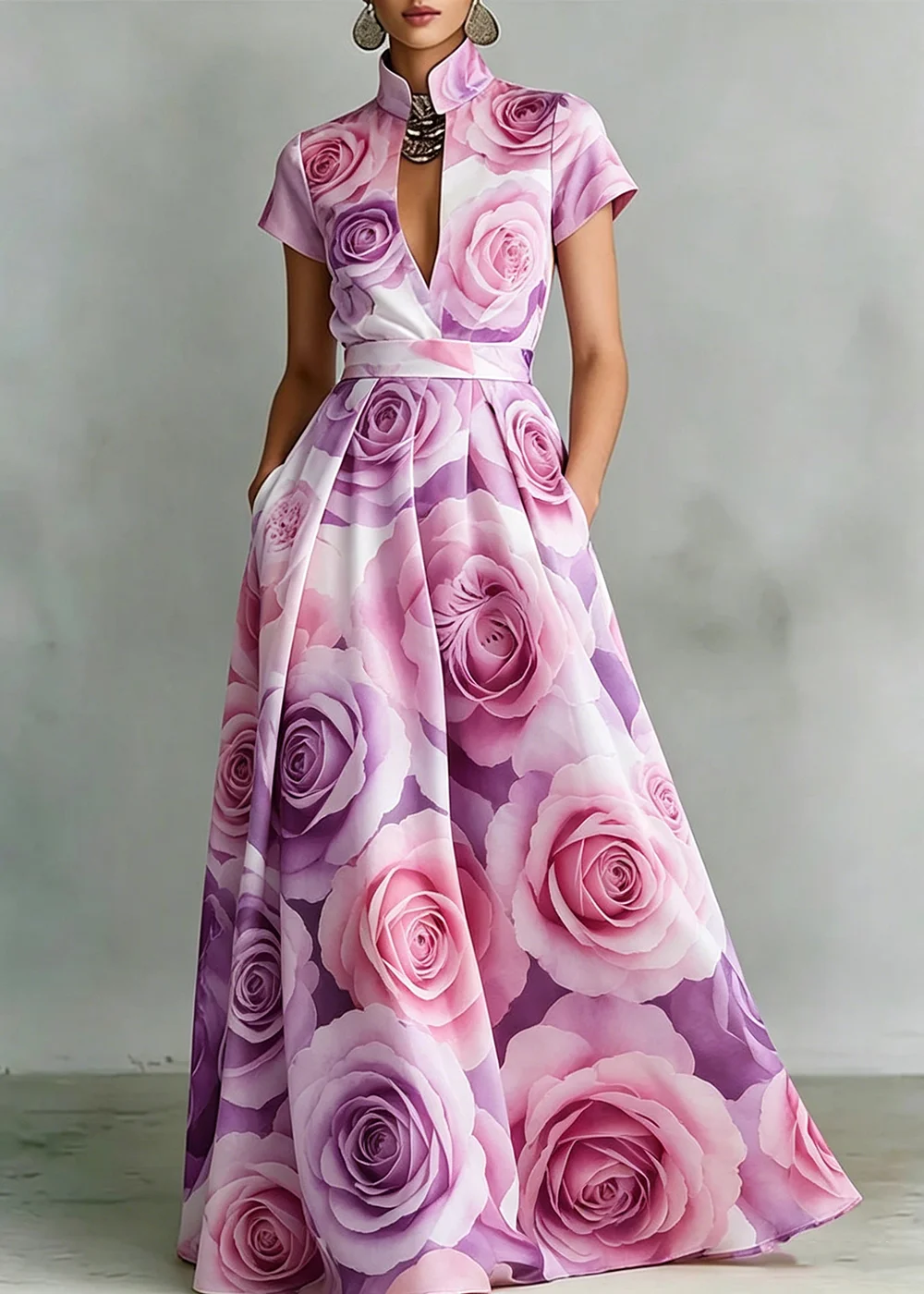Women's Elegant Maxi Dress Stand Collar Fashion High Waist Slim Print Short Sleeve Side Pocket Summer Everyday Party Guest Gown
Women's Elegant Maxi Dress Stand Collar Fashion High Waist Slim Print Short Sleeve Side Pocket Summer Everyday Party Guest Gown