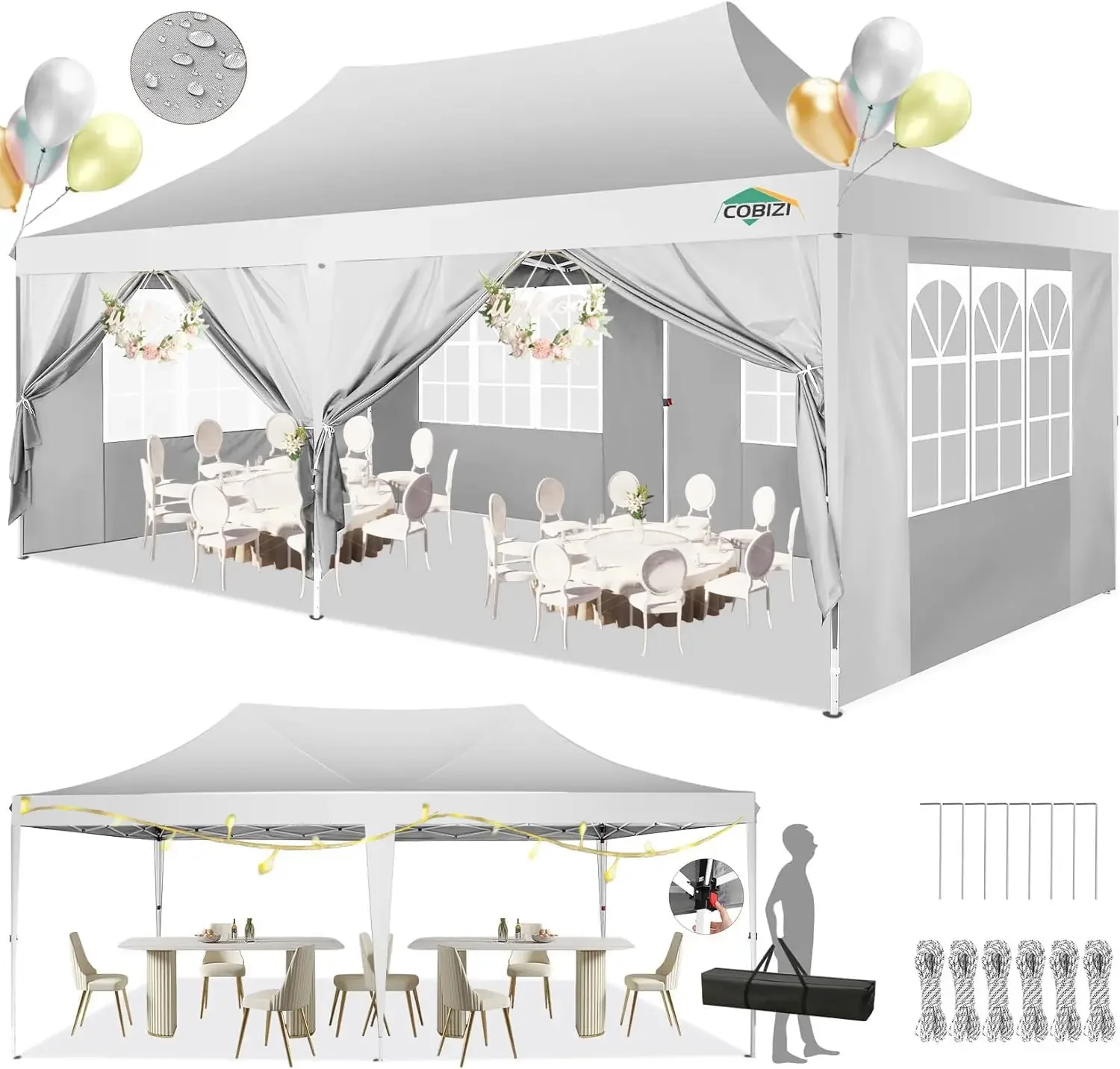 10x20 Pop Up Canopy with 6 Sidewalls, Conical Canopy 10×20 with 3 Adjustable Height Waterproof, UV-Resistant with Carry Bag
10x20 Pop Up Canopy with 6 Sidewalls, Conical Canopy 10×20 with 3 Adjustable Height Waterproof, UV-Resistant with Carry Bag