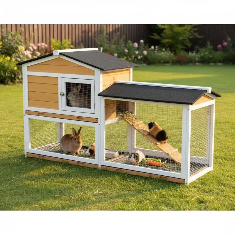 Wooden Rabbit Hutch with House, Ramp and Fenced Run, Yellow and Black
Wooden Rabbit Hutch with House, Ramp and Fenced Run, Yellow and Black