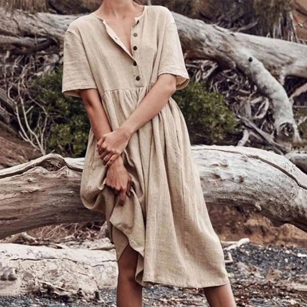 Solid Fashion Cotton Linen Women Dress Short Sleeve Button V-neck Half Placket Pleated Flowy Hem Midi Dress For Woman Sundress
Solid Fashion Cotton Linen Women Dress Short Sleeve Button V-neck Half Placket Pleated Flowy Hem Midi Dress For Woman Sundress