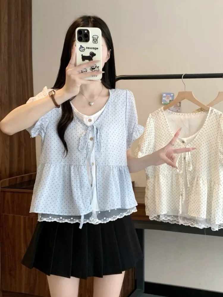 Summer New plus Size Women's Sweet Young Looking Polka Dot Lace Paneling Top with Belt Casual Loose Fit Short Sleeve T-shirt
Summer New plus Size Women's Sweet Young Looking Polka Dot Lace Paneling Top with Belt Casual Loose Fit Short Sleeve T-shirt