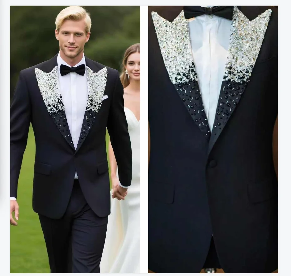 Luxury Stone Crystals Men Suit Set 2 Pcs Black Blazer+Pants Trousers Wedding Tuxedo Formal Office Jacket Prom Coat Customized
Luxury Stone Crystals Men Suit Set 2 Pcs Black Blazer+Pants Trousers Wedding Tuxedo Formal Office Jacket Prom Coat Customized