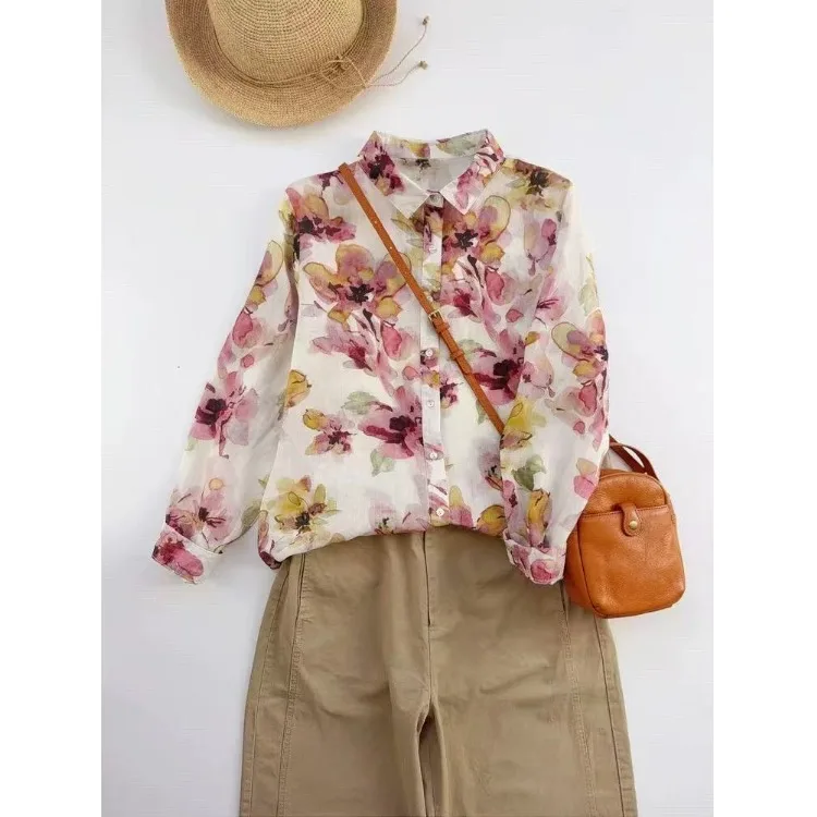 Spring Summer New Pink Watercolor Floral Print Shirt Women's Thin Style Loose Cotton Long Sleeve Collar Top
Spring Summer New Pink Watercolor Floral Print Shirt Women's Thin Style Loose Cotton Long Sleeve Collar Top
