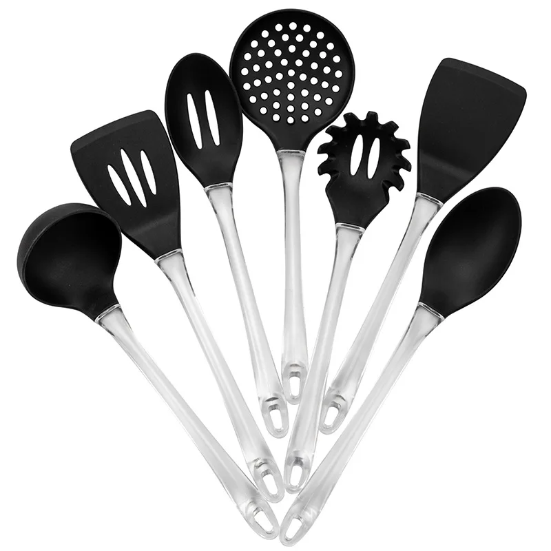 7-piece set of transparent handle silicone kitchenware, cooking spoon and spatula set, non-stick pan.
7-piece set of transparent handle silicone kitchenware, cooking spoon and spatula set, non-stick pan.