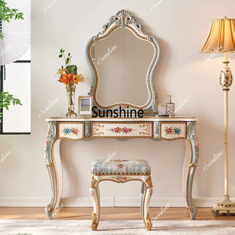 Bedroom all solid wood villa luxury high-end French palace, girls dressing table stool with mirror
Bedroom all solid wood villa luxury high-end French palace, girls dressing table stool with mirror