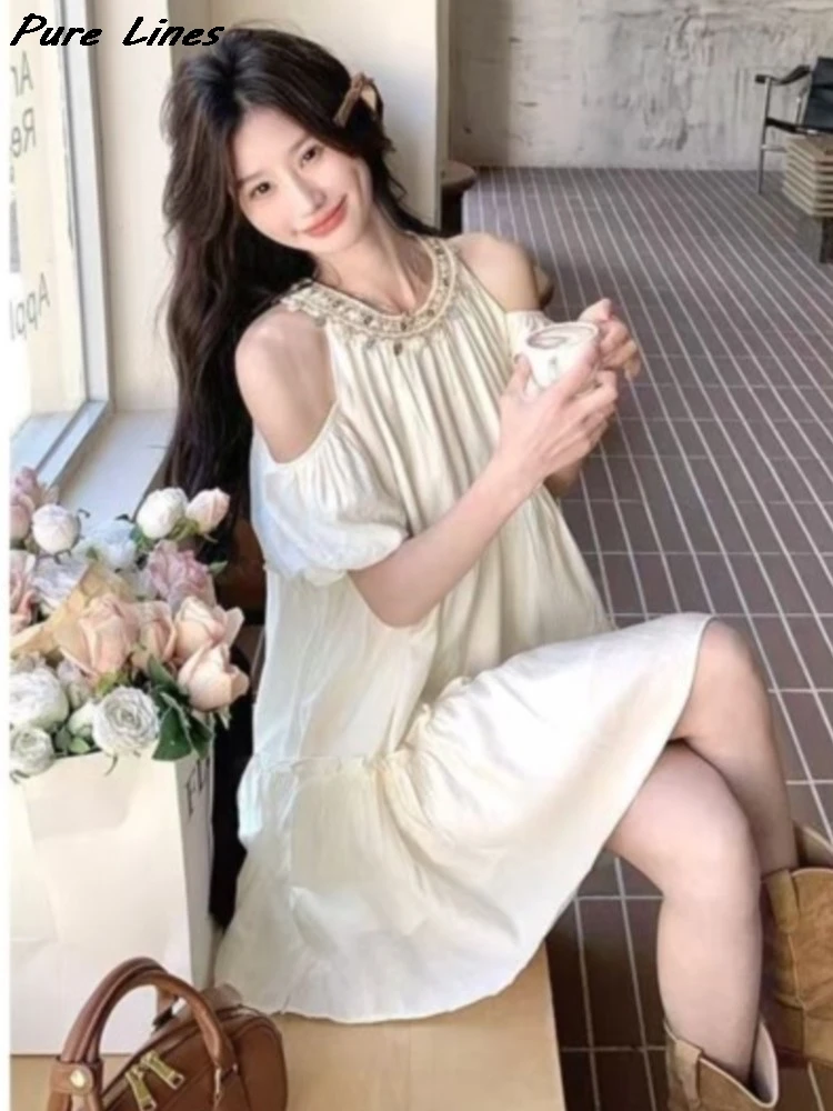 Women Boho Sweet Shell Decoration Halter Neck Off Shoulder Mini Dresses Vintage Sequin A-line Dress Korean Fairy Evening Vestido
Women Boho Sweet Shell Decoration Halter Neck Off Shoulder Mini Dresses Vintage Sequin A-line Dress Korean Fairy Evening Vestido