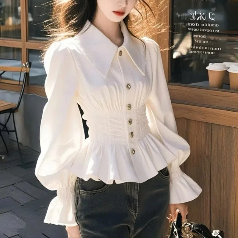 Весенняя элегантная плиссированная универсальная блузка с воротником поло, длинным рукавом, однотонная, приталенная, на пуговицах, модная корейская женская одежда
Весенняя элегантная плиссированная универсальная блузка с воротником поло, длинным рукавом, однотонная, приталенная, на пуговицах, модная корейская женская одежда