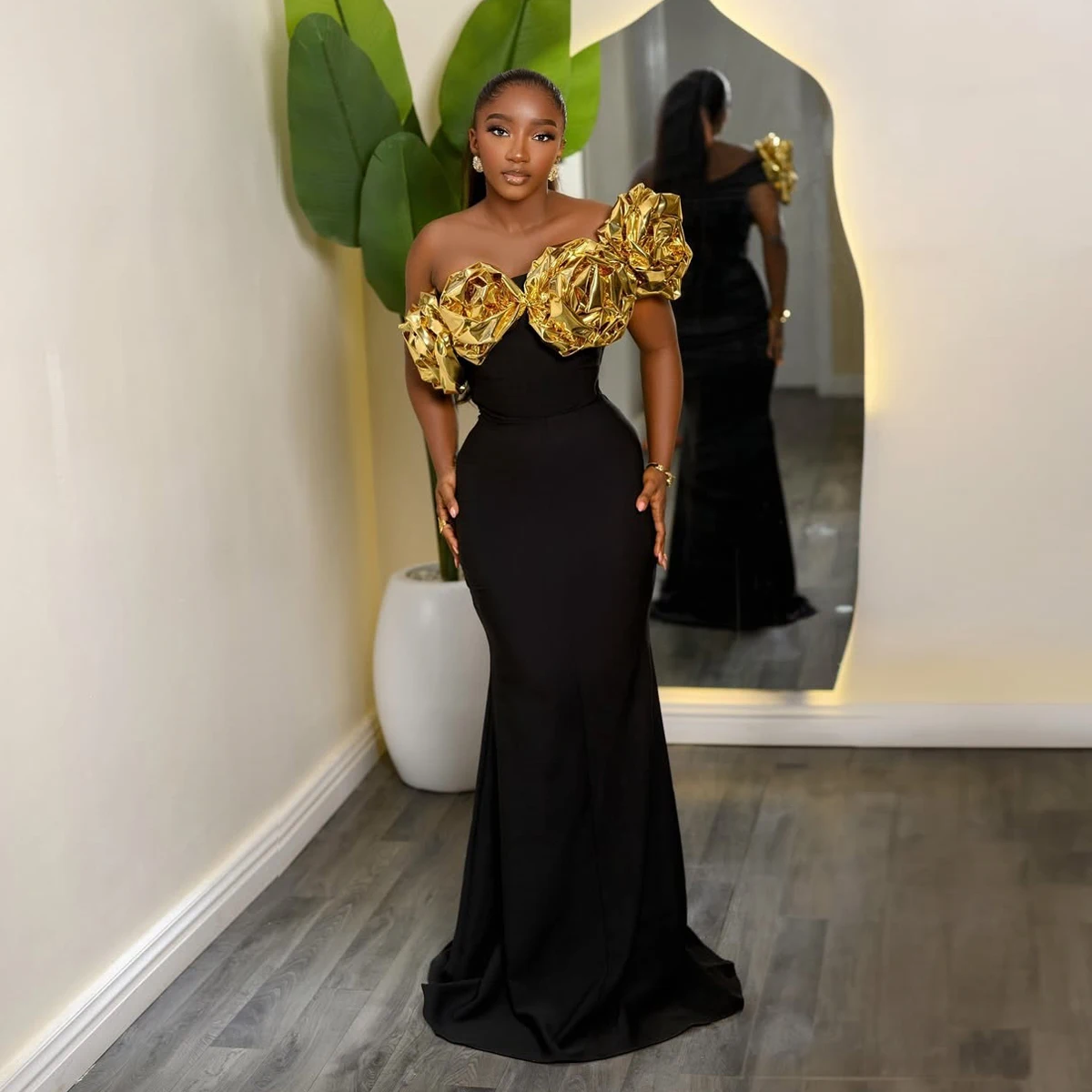 Chic Black Girls Mermaid Prom Dresses with Gold Big Flowers One Shoulder Rose Floral African Birthday Dress Aso Ebi Formal Dress
Chic Black Girls Mermaid Prom Dresses with Gold Big Flowers One Shoulder Rose Floral African Birthday Dress Aso Ebi Formal Dress