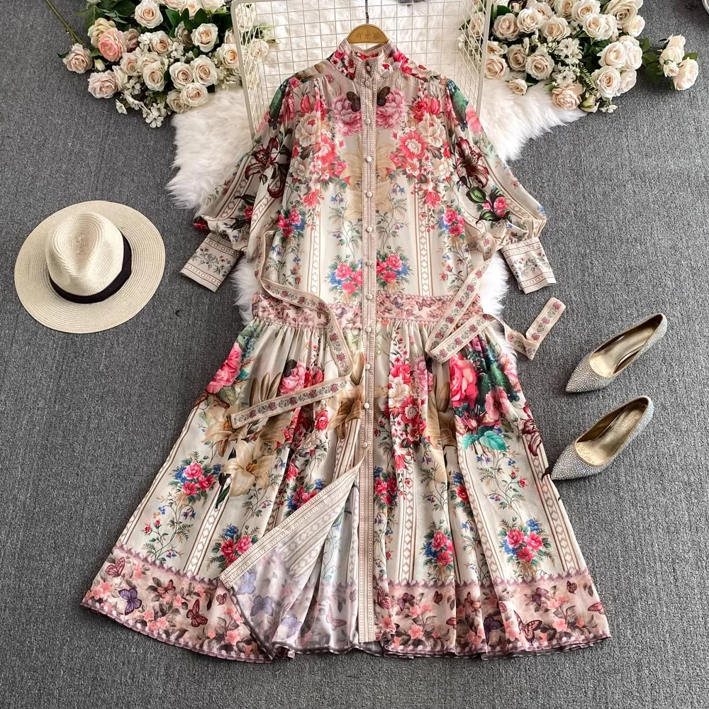 Holiday Flower Print Long Dress Women's Stand Lantern Sleeve Single Breasted Floral Print Belt Oversize Maxi Robe Vestidos 2063
Holiday Flower Print Long Dress Women's Stand Lantern Sleeve Single Breasted Floral Print Belt Oversize Maxi Robe Vestidos 2063