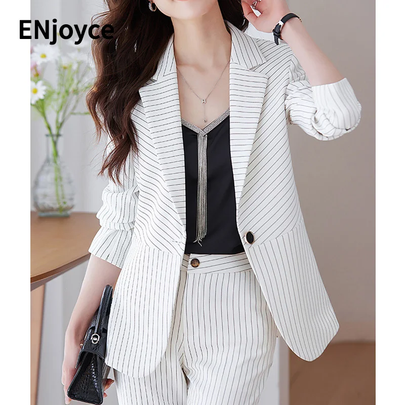 Spring Fall Women Striped Professional White Suit Blazer and Pants 2 Pieces Sets Office Ladies Wear Business Formal Slim Suits
Spring Fall Women Striped Professional White Suit Blazer and Pants 2 Pieces Sets Office Ladies Wear Business Formal Slim Suits