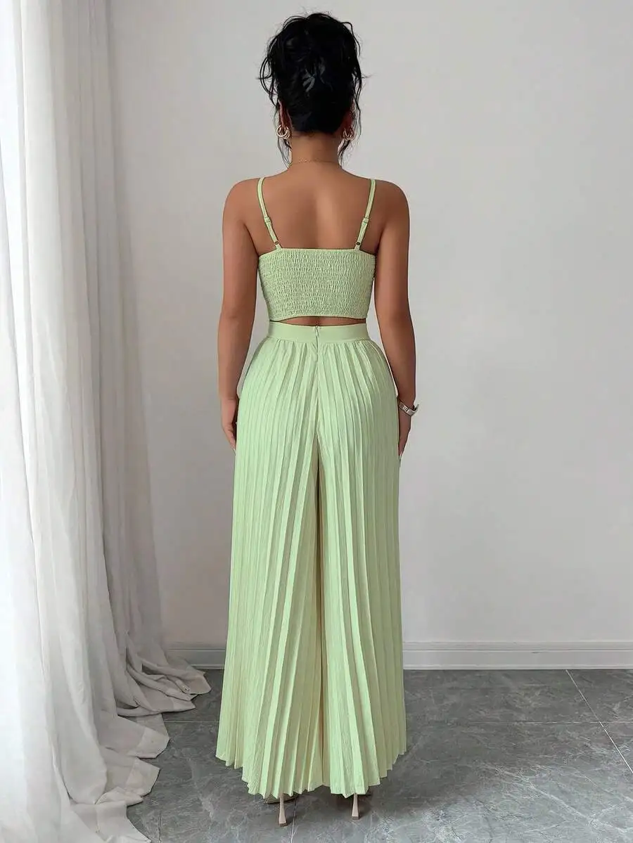 2 Piece Solid Color Camisole Top And Pleated Wide Leg Pants Set For Women
2 Piece Solid Color Camisole Top And Pleated Wide Leg Pants Set For Women