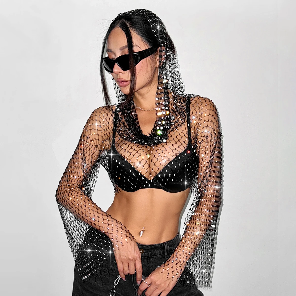 Women Hollow Mesh Hooded Crop Top Shiny Rhinestone See Through Fishnet Long Sleeve V Neck T Shirt Rave Party Club Cover Up
Women Hollow Mesh Hooded Crop Top Shiny Rhinestone See Through Fishnet Long Sleeve V Neck T Shirt Rave Party Club Cover Up