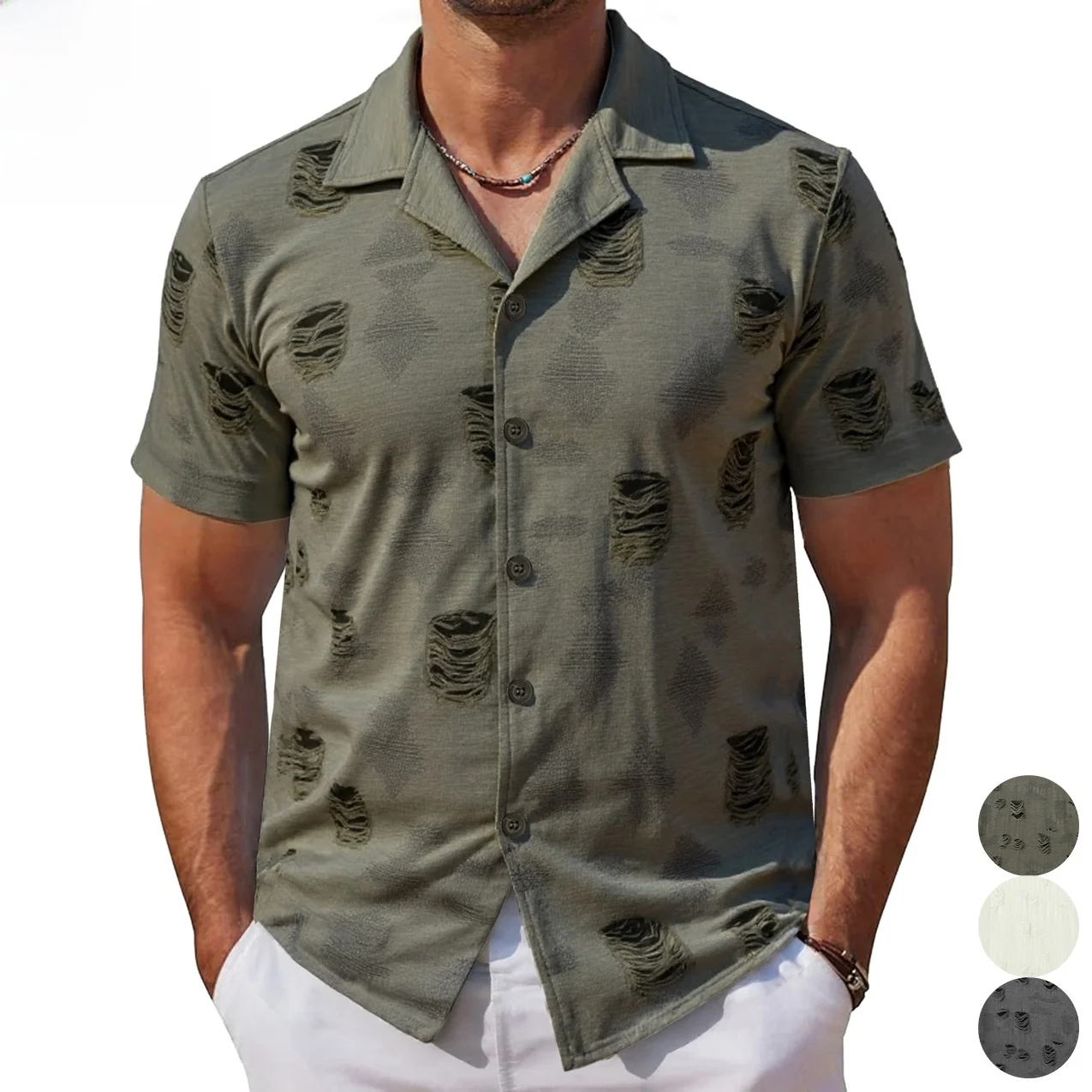 Casual Men's Short Sleeve Cuban Collar Shirt Ripped Hole Fashion Japanese Style Polyester Fabric Summer Season Regular Fit Shirt
Casual Men's Short Sleeve Cuban Collar Shirt Ripped Hole Fashion Japanese Style Polyester Fabric Summer Season Regular Fit Shirt