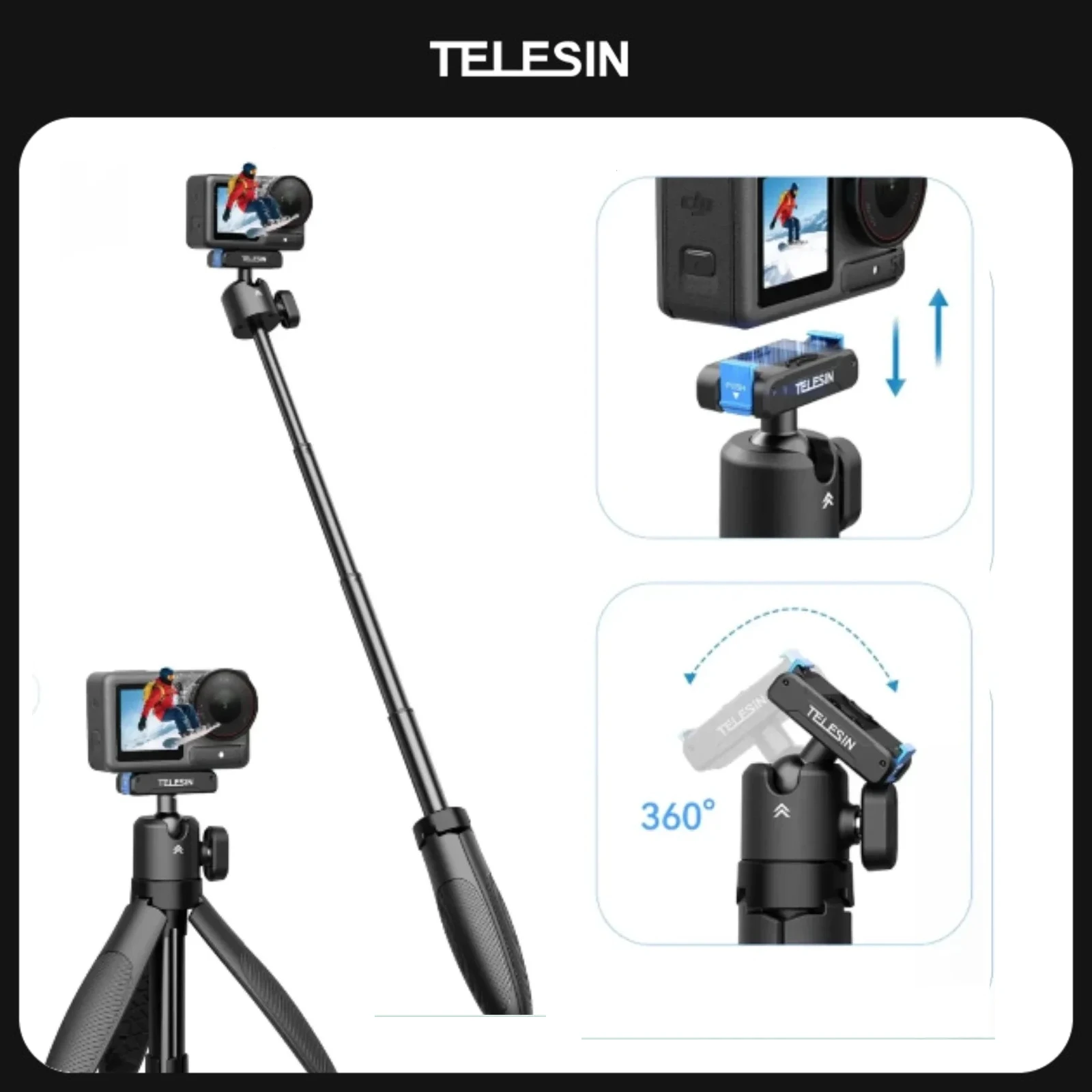 TELESIN 360° Ball Head Mini Selfie Stick Tripod for DJI OSMO Action 5 Pro 4 3 Accessories Quick-Release Portable Selfie stick
TELESIN 360° Ball Head Mini Selfie Stick Tripod for DJI OSMO Action 5 Pro 4 3 Accessories Quick-Release Portable Selfie stick