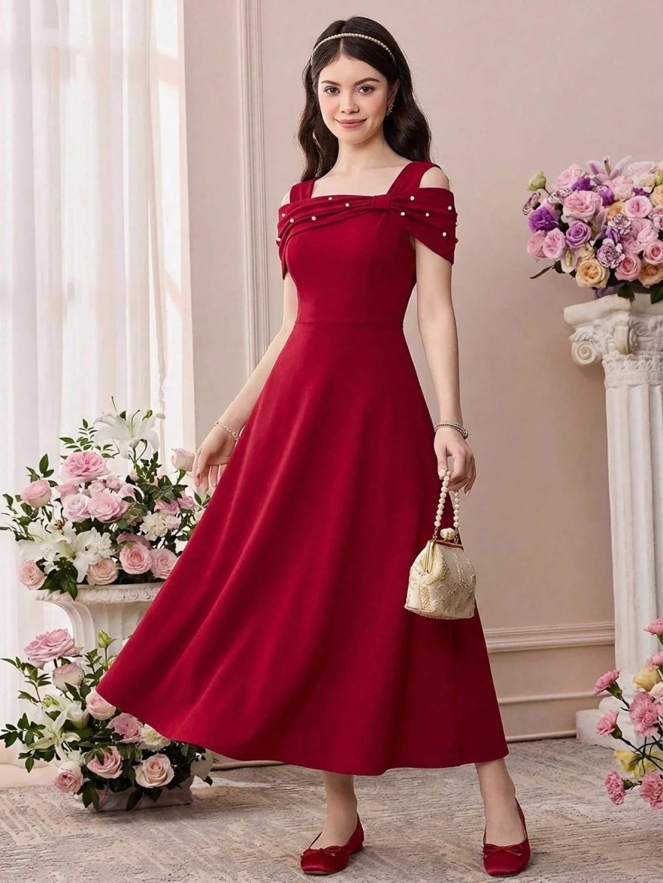 Burgundy Beaded Bow Off Shoulder A-Line Midi Dress For Women
Burgundy Beaded Bow Off Shoulder A-Line Midi Dress For Women