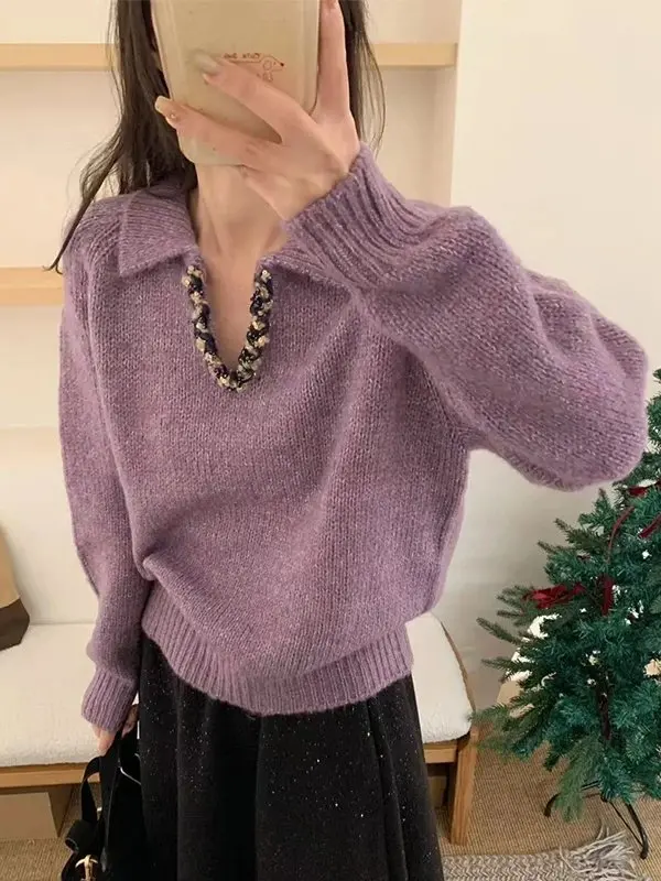 Свободный вязаный свитер с V-образным вырезом для женщин, фиолетовый, в корейском стиле, зимний, новый, модный, стройнящий, удобный, дышащий, повседневная верхняя одежда
Свободный вязаный свитер с V-образным вырезом для женщин, фиолетовый, в корейском стиле, зимний, новый, модный, стройнящий, удобный, дышащий, повседневная верхняя одежда