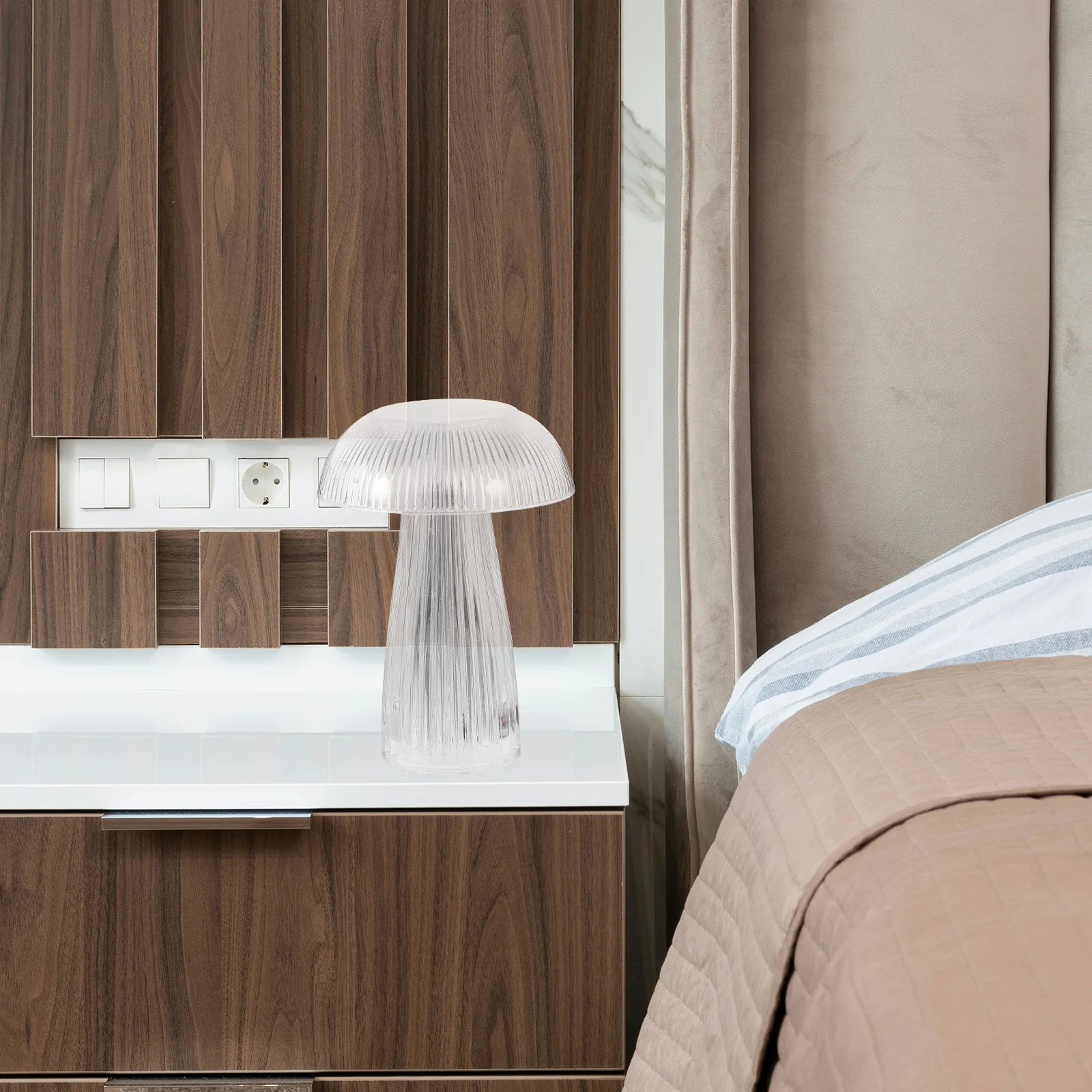 Bedside Aesthetic Clear Mushroom Shape Nightstand Lamp Decorative Glass Desk Lamp For Bedroom Small Space Soft Light Home Decor 
Bedside Aesthetic Clear Mushroom Shape Nightstand Lamp Decorative Glass Desk Lamp For Bedroom Small Space Soft Light Home Decor