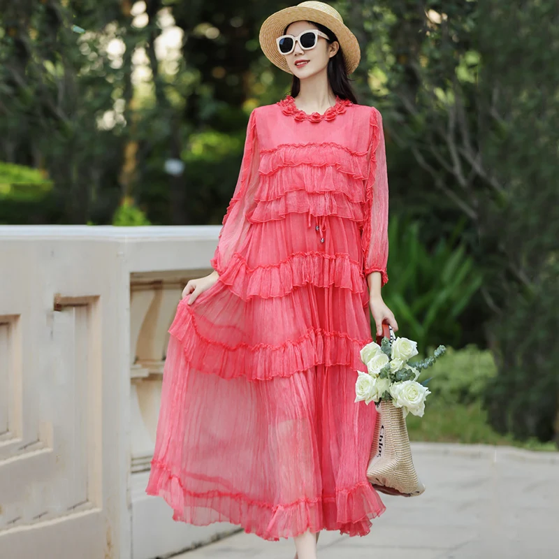 Spring New Fashion Watermelon Pink O-Neck Wrist Sleeve Female Elegant Beach Holiday Silk Cake Dress Medium Long One Size
Spring New Fashion Watermelon Pink O-Neck Wrist Sleeve Female Elegant Beach Holiday Silk Cake Dress Medium Long One Size