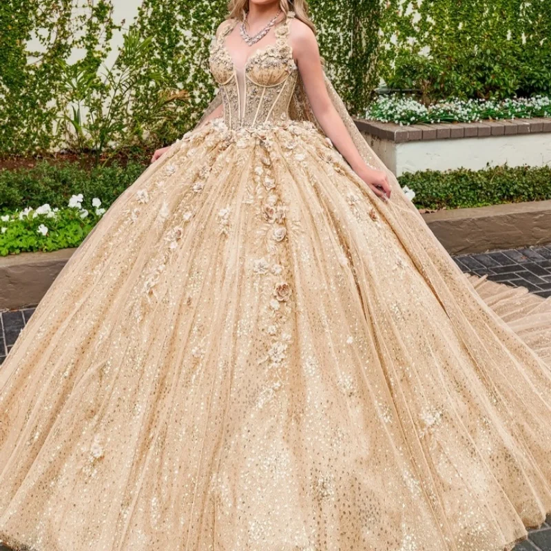 Champagne Shiny Princess Quinceanera Dresses Appliqued Flower Beads Tull With Cape Sweet 16 Dress Sweetheart Ball Gown Vestidos
Champagne Shiny Princess Quinceanera Dresses Appliqued Flower Beads Tull With Cape Sweet 16 Dress Sweetheart Ball Gown Vestidos