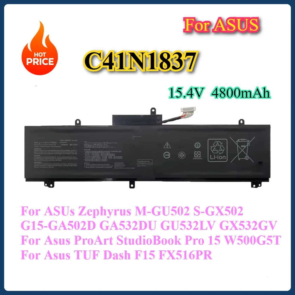 C41N1837 15.4V 76Wh Laptop Battery for ASUS ROG Zephyrus M GU502 GU502G GA502D, GA532DU GU532LV GX532GW,TUF Dash F15 FX516PE
C41N1837 15.4V 76Wh Laptop Battery for ASUS ROG Zephyrus M GU502 GU502G GA502D, GA532DU GU532LV GX532GW,TUF Dash F15 FX516PE
