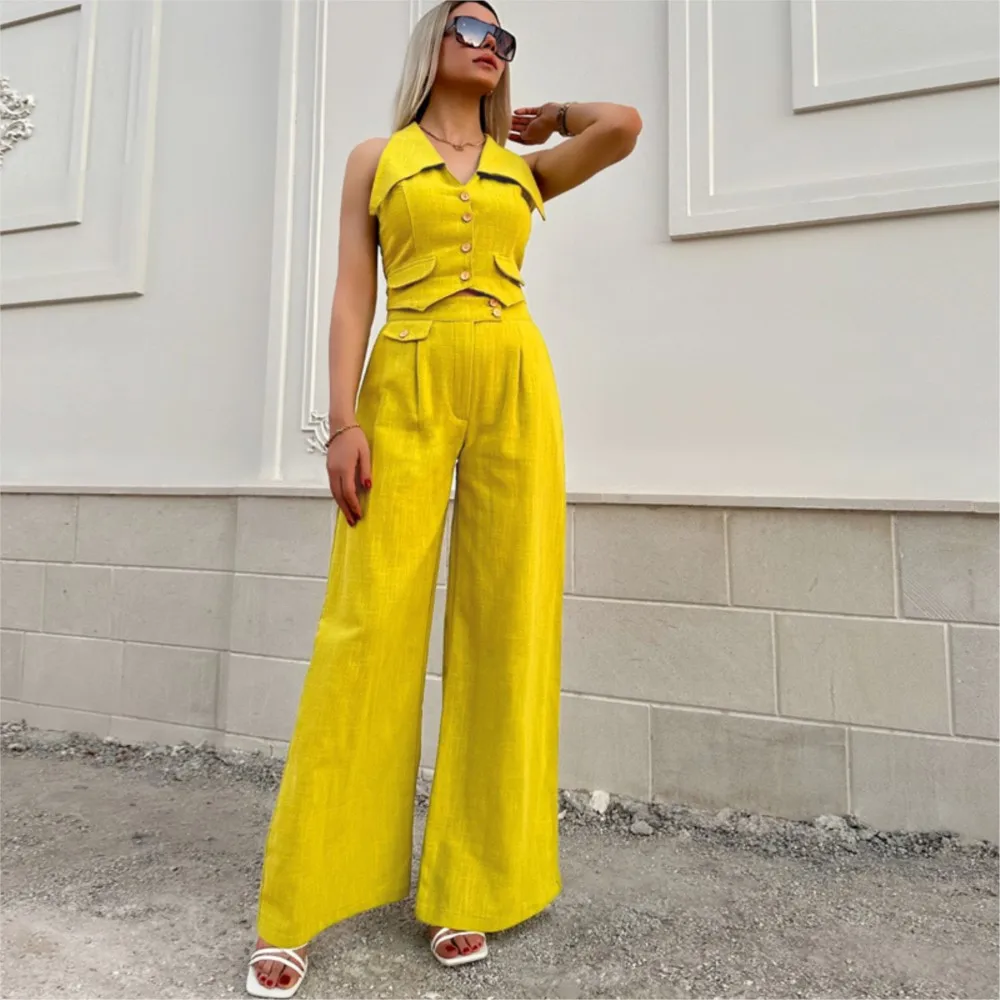 Sexy Ultra Short Sleeveless Lapel Suit For Women's 2-piece Spring Summer New Elegant Fashion Wide-leg Pants Female Office Suit
Sexy Ultra Short Sleeveless Lapel Suit For Women's 2-piece Spring Summer New Elegant Fashion Wide-leg Pants Female Office Suit