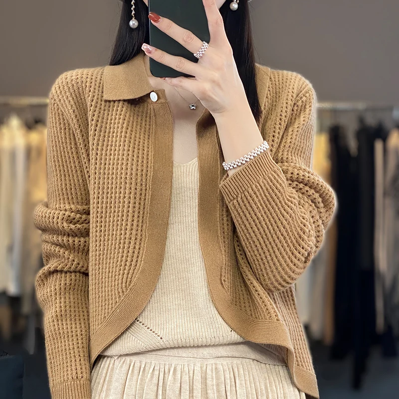Spring Autumn 100% Cashmere Women Sweater New Polo Collar Hollow-out Cardigan Fashion Casual Knitted Soft Warm Jacket Tops
Spring Autumn 100% Cashmere Women Sweater New Polo Collar Hollow-out Cardigan Fashion Casual Knitted Soft Warm Jacket Tops