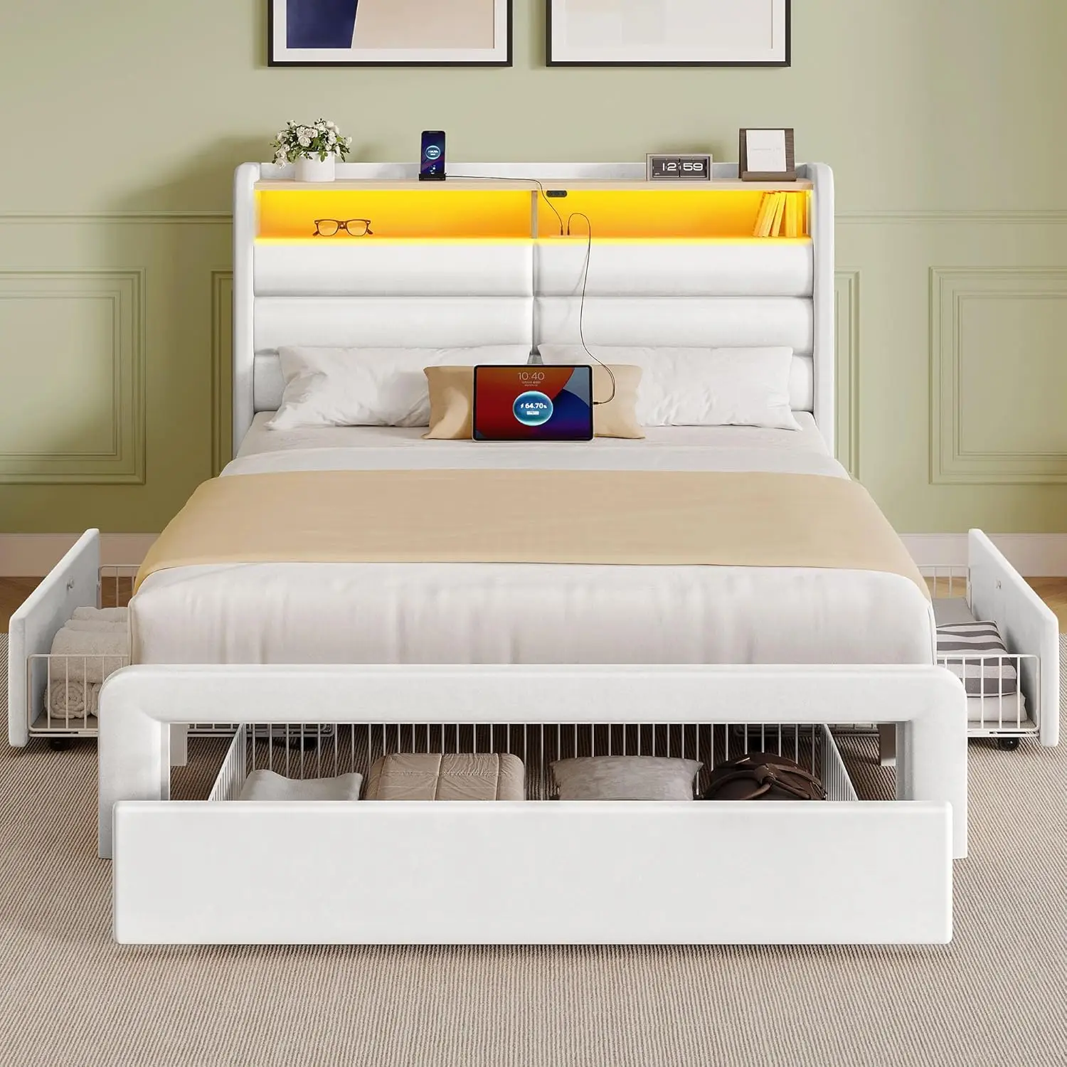 Twin Size Bed Frame with 3 Storage Drawers & Charging Station, Upholstered Platform Bed with Storage Headboard and LED L
Twin Size Bed Frame with 3 Storage Drawers & Charging Station, Upholstered Platform Bed with Storage Headboard and LED L