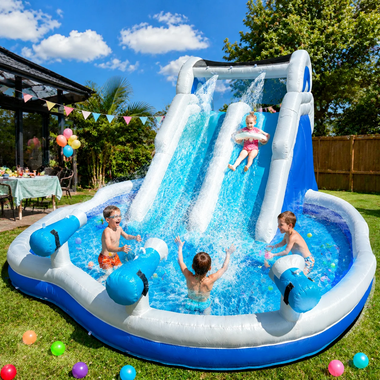 Blue & White Outdoor Inflatable Oxford Fabric Water Slide Pool for Kids, Dual Slides with Sprayers, Backyard Summer Fun Toy for Children
Blue & White Outdoor Inflatable Oxford Fabric Water Slide Pool for Kids, Dual Slides with Sprayers, Backyard Summer Fun Toy for Children