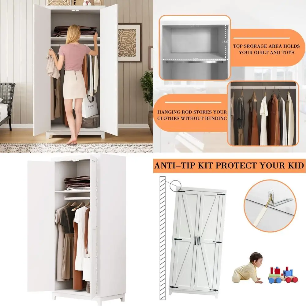 70 Inch Tall White Wooden Wardrobe with Hanging Rod and Shelves
70 Inch Tall White Wooden Wardrobe with Hanging Rod and Shelves
