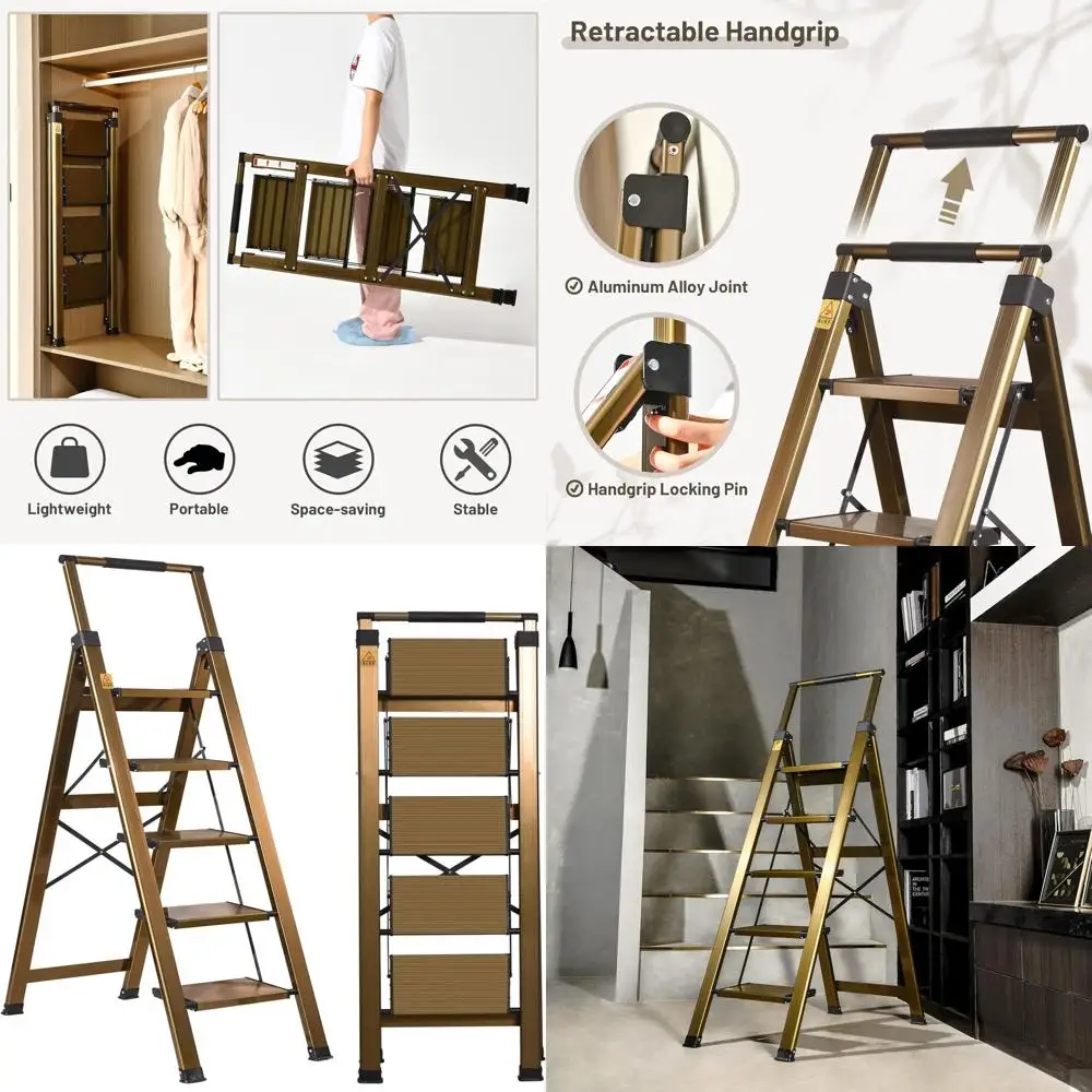 Алюминиевая 5-ступенчатая складная лестница с выдвижным поручнями, противоскользящими педалями и емкостью 330 фунтов для домашнего использования.
Алюминиевая 5-ступенчатая складная лестница с выдвижным поручнями, противоскользящими педалями и емкостью 330 фунтов для домашнего использования.