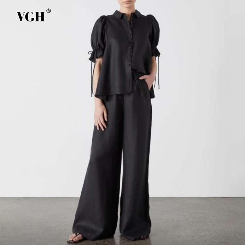 VGH Summer Two Piece Set for Women Lapel Lanter Short Sleeve Top High Waist Spliced Lace Up Wide Pant Casual Office Suit Female
VGH Summer Two Piece Set for Women Lapel Lanter Short Sleeve Top High Waist Spliced Lace Up Wide Pant Casual Office Suit Female