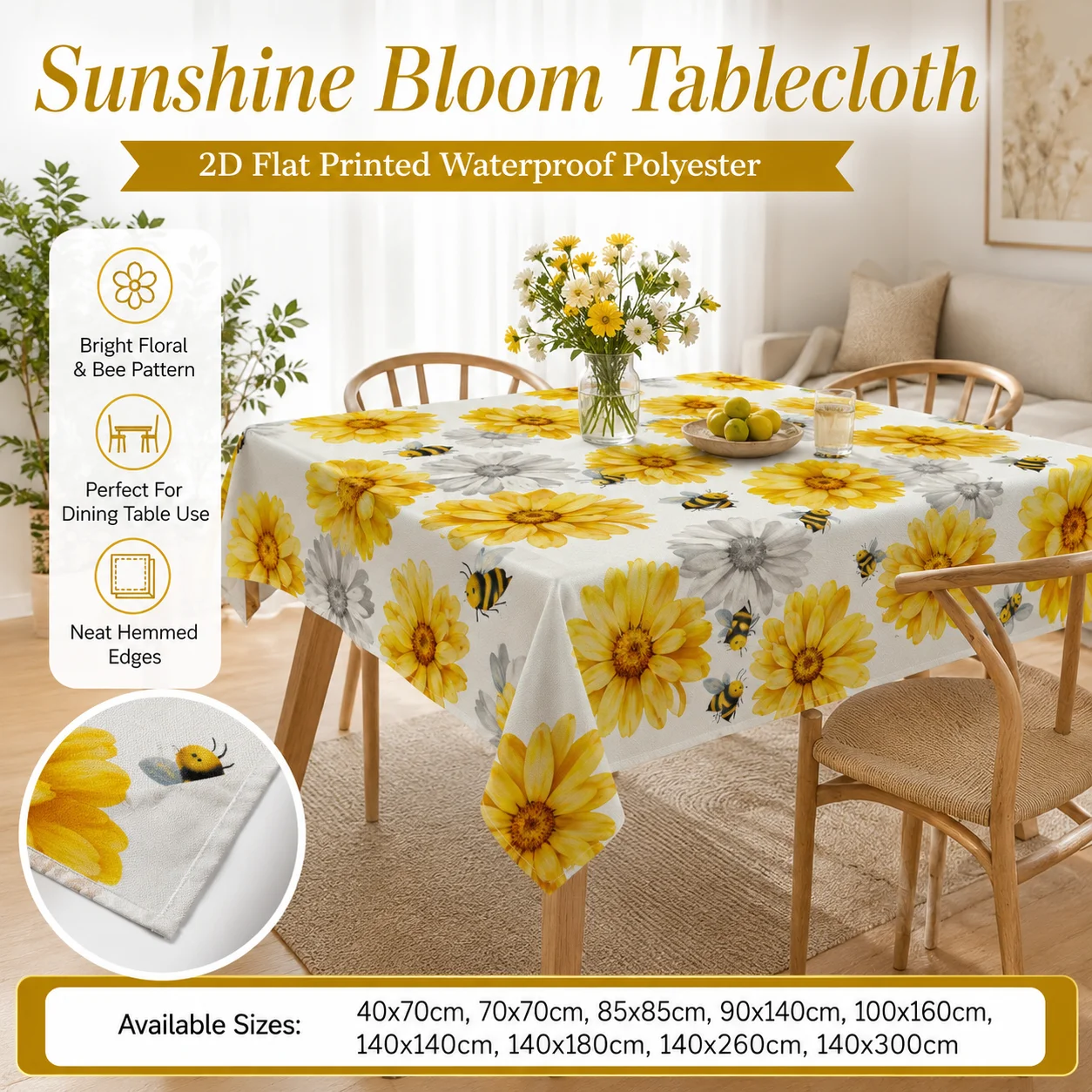 Yellow Daisy Flower Bee Tablecloth Waterproof Polyester 2D Flat Printed Desk Cover For Farmhouse Kitchen Dining Picnic Decor
Yellow Daisy Flower Bee Tablecloth Waterproof Polyester 2D Flat Printed Desk Cover For Farmhouse Kitchen Dining Picnic Decor