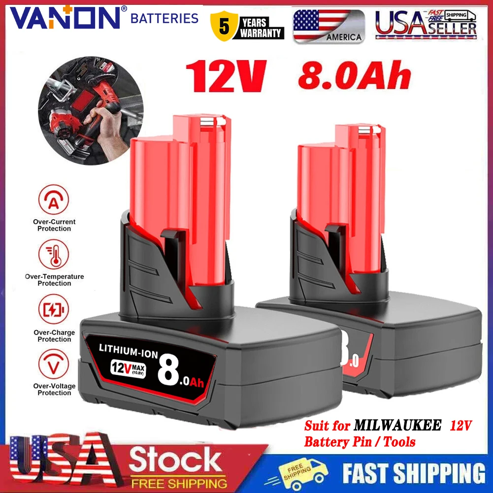 VANON 2Pcs 8.0Ah Li-on M12 Li-on Replace for Milwaukee 12V Battery Pin Suit for 48-11-2411 48-11-2420 48-11-2401 Cordless Tools
VANON 2Pcs 8.0Ah Li-on M12 Li-on Replace for Milwaukee 12V Battery Pin Suit for 48-11-2411 48-11-2420 48-11-2401 Cordless Tools