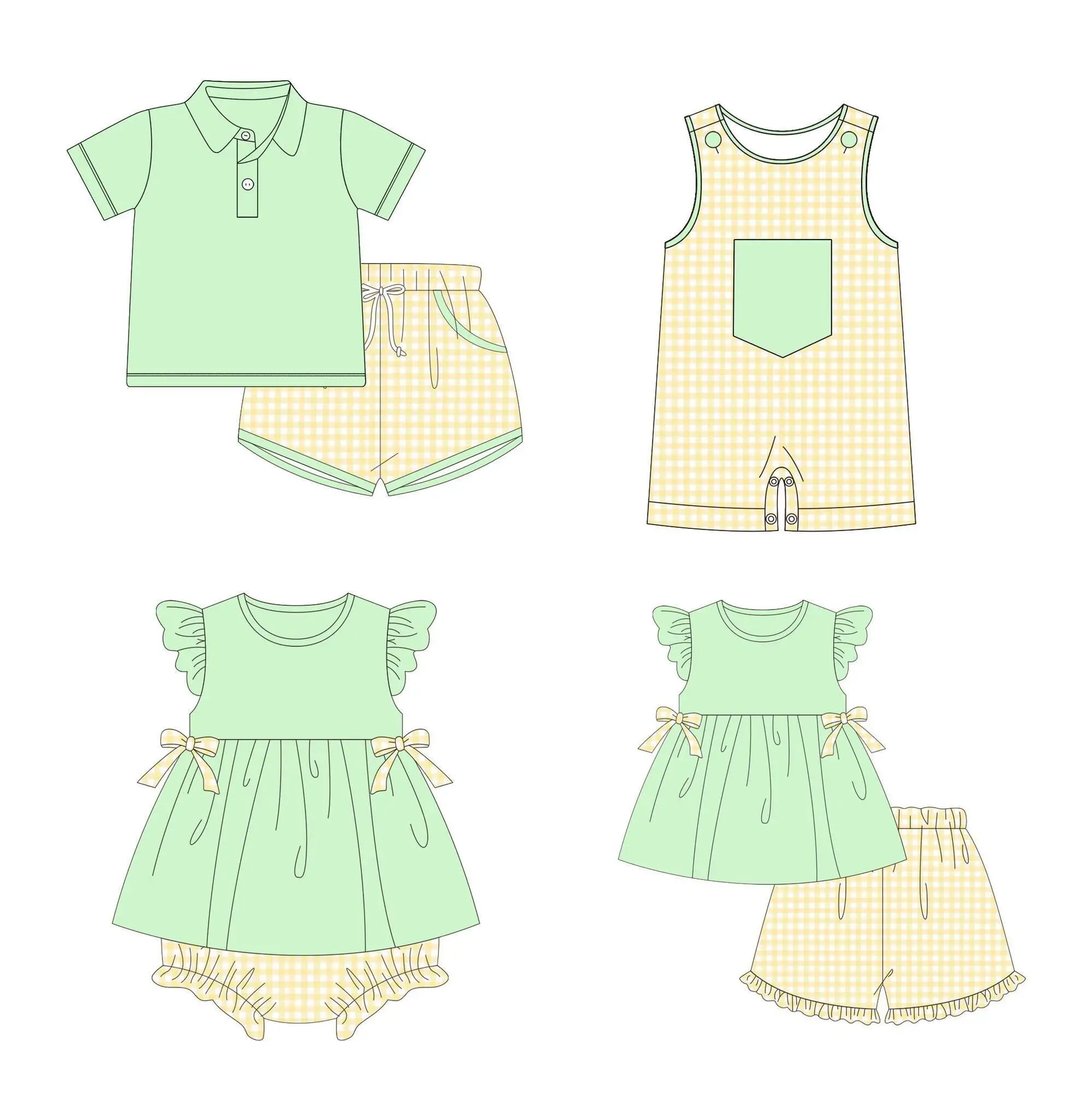 Hot selling boutique children's clothing girls boy clothes Short sleeve series suit Yellow plaid and green top printed fabric
Hot selling boutique children's clothing girls boy clothes Short sleeve series suit Yellow plaid and green top printed fabric