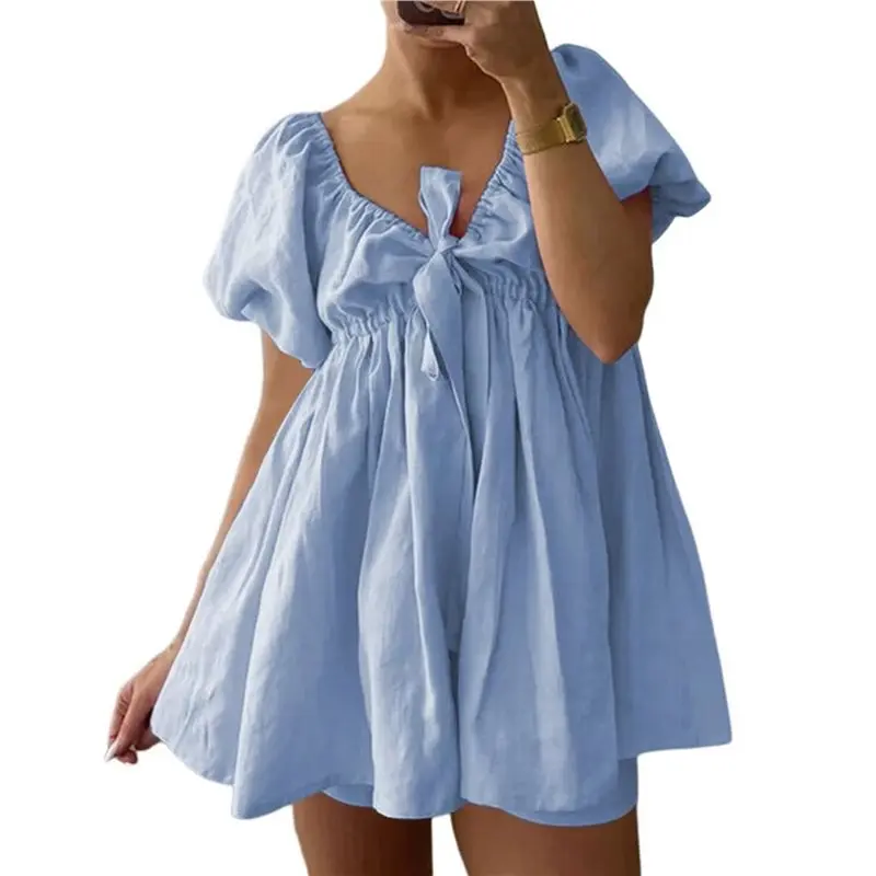 NEW-Women 2 Piece Short Sets Puff Short Sleeve V Neck Tie Front Tops Wide Leg Shorts Sets
NEW-Women 2 Piece Short Sets Puff Short Sleeve V Neck Tie Front Tops Wide Leg Shorts Sets