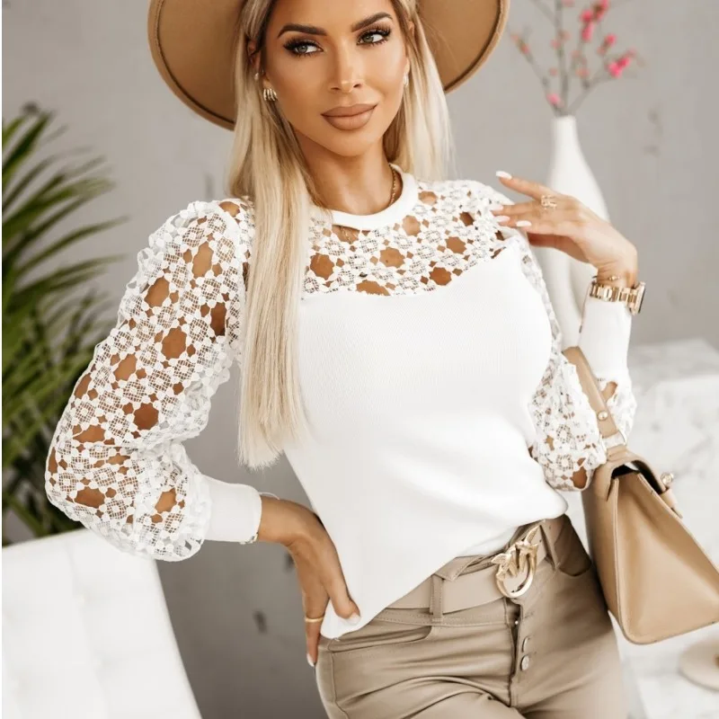 Весенний новый круглый Ne White Сексуальная ажурная кружевная отделка Splice Long Sve Верхняя одежда irt Base Top Женский Sweet Sle Slim Fit
Весенний новый круглый Ne White Сексуальная ажурная кружевная отделка Splice Long Sve Верхняя одежда irt Base Top Женский Sweet Sle Slim Fit