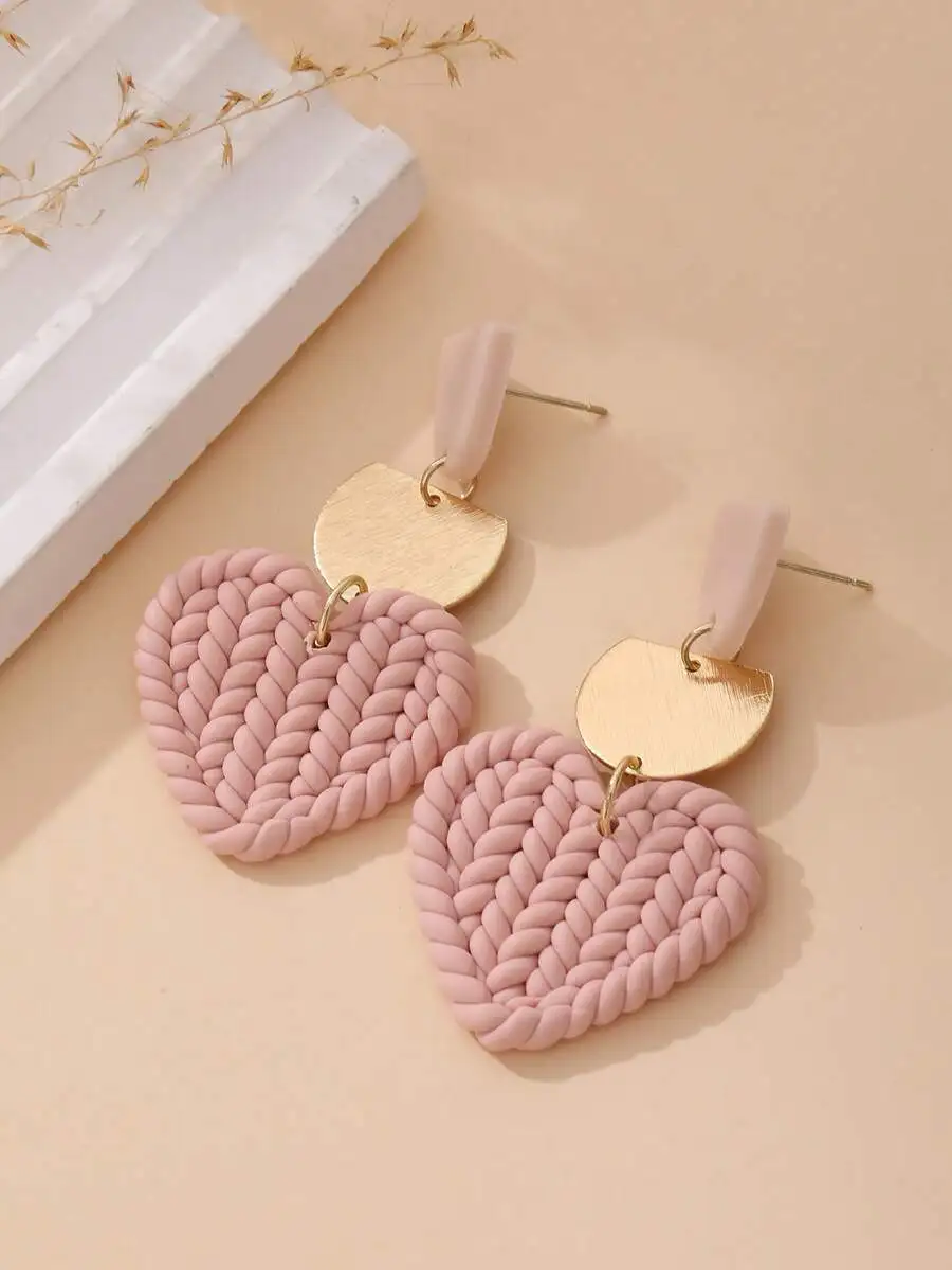 Pink Handwoven Heart Polymer Clay Earrings With Brushed Metal Semi-Circle Accent For Women
Pink Handwoven Heart Polymer Clay Earrings With Brushed Metal Semi-Circle Accent For Women