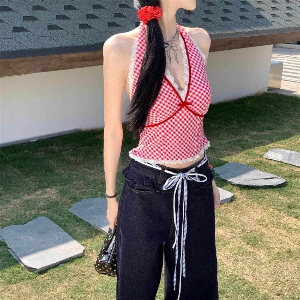 Stripe Grid Sleeveless Crop Top V Neck Slim Fit Lace Vest Top Girl Bottoming Shirt Korean Style Hanging Neck Camisole Lady
Stripe Grid Sleeveless Crop Top V Neck Slim Fit Lace Vest Top Girl Bottoming Shirt Korean Style Hanging Neck Camisole Lady
