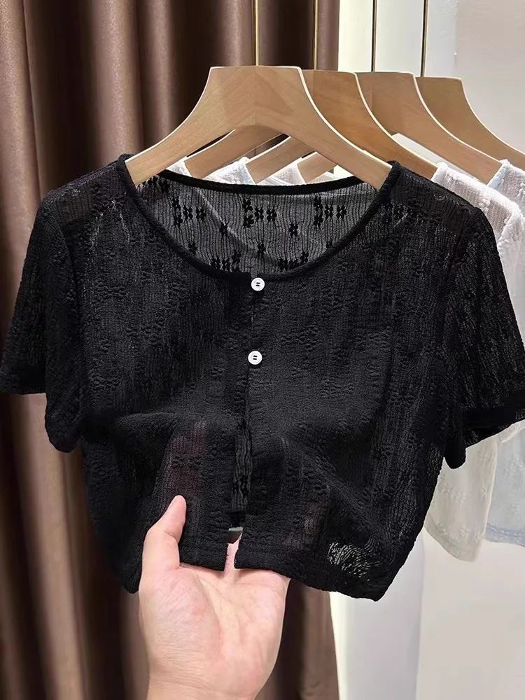 Black Short Sleeve Lace Shirt Thin Mesh Shoulder Wrap Top with Strap Dress Open Cardigan Small Outerwear Women Short Style
Black Short Sleeve Lace Shirt Thin Mesh Shoulder Wrap Top with Strap Dress Open Cardigan Small Outerwear Women Short Style