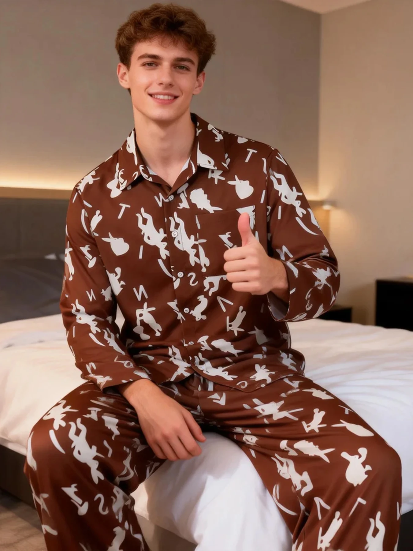 Men's Spring and Autumn Brown Rabbit Print Lapel Cardigan Long-Sleeved Pants Two-Piece Set Casual Home Wear Pajamas Set
Men's Spring and Autumn Brown Rabbit Print Lapel Cardigan Long-Sleeved Pants Two-Piece Set Casual Home Wear Pajamas Set