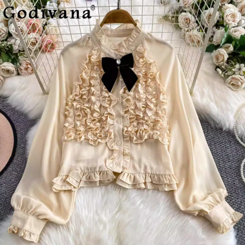 Французская рубашка в стиле ретро с оборками и воротником-стойкой, длинными рукавами-фонариками, рубашка Лолиты, женская весенне-осенняя новая милая темпераментная рубашка с бантом
Французская рубашка в стиле ретро с оборками и воротником-стойкой, длинными рукавами-фонариками, рубашка Лолиты, женская весенне-осенняя новая милая темпераментная рубашка с бантом