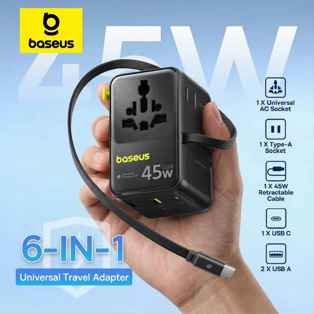 Baseus GaN Charger 6 in 1 Travel Charger Multi-Specification Plug with 45W/70W Type-C Retractable Cable for Office Home Travel
Baseus GaN Charger 6 in 1 Travel Charger Multi-Specification Plug with 45W/70W Type-C Retractable Cable for Office Home Travel
