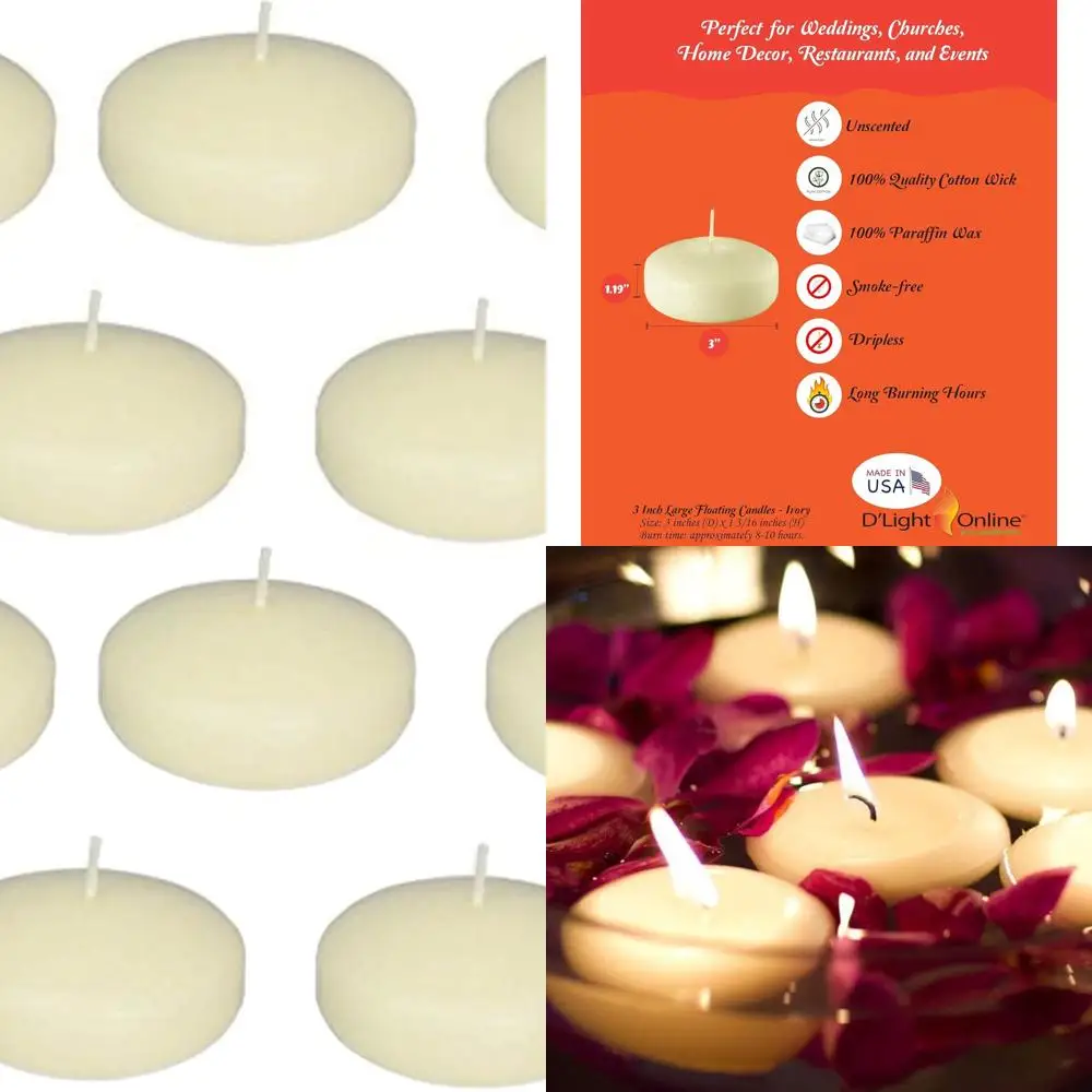 72 Pack Large 3 Ivory Floating Candles for Weddings, Events, Home, Spa, Pool Decor & Cylinder Vases
72 Pack Large 3 Ivory Floating Candles for Weddings, Events, Home, Spa, Pool Decor & Cylinder Vases