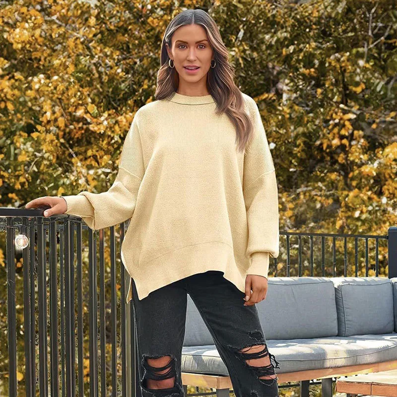 2025 Autumn and winter new coarse needle side slit knitted sweater round neck loose solid color bat long sleeved sweater for wom
2025 Autumn and winter new coarse needle side slit knitted sweater round neck loose solid color bat long sleeved sweater for wom