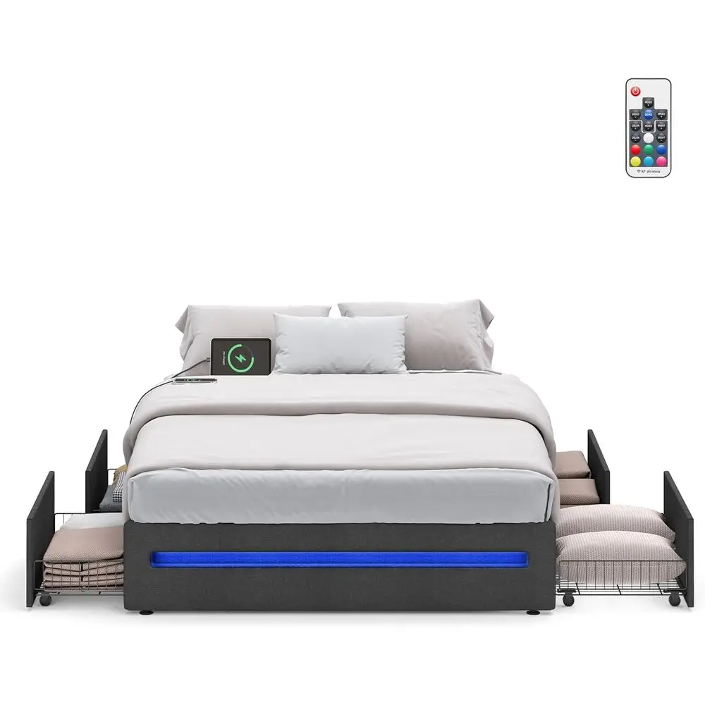Кровать размера Queen с LED-подсветкой, 4 ящиками, зарядной станцией, портами USB и Type-C, стальными ламелями, не требует пружинного блока, серая
Кровать размера Queen с LED-подсветкой, 4 ящиками, зарядной станцией, портами USB и Type-C, стальными ламелями, не требует пружинного блока, серая